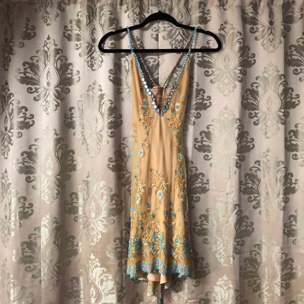Turquoise beaded nude mini dress